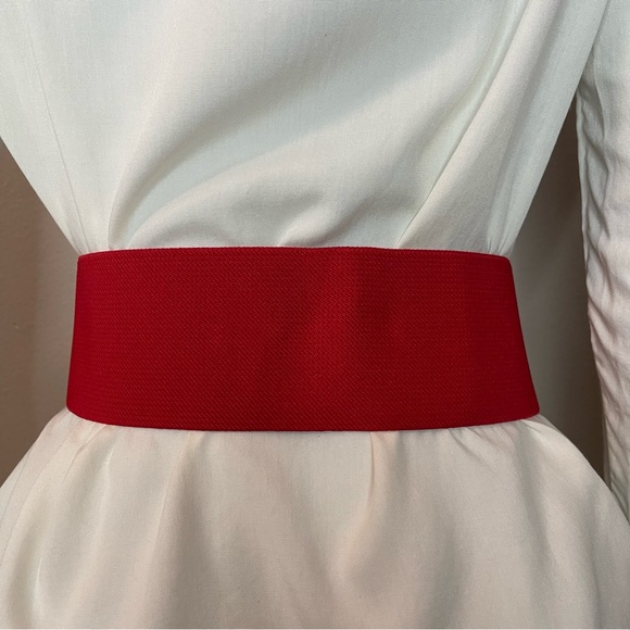 Red PU leather square buckle with rhinestones details elastic waistband belt - Picture 5 of 8